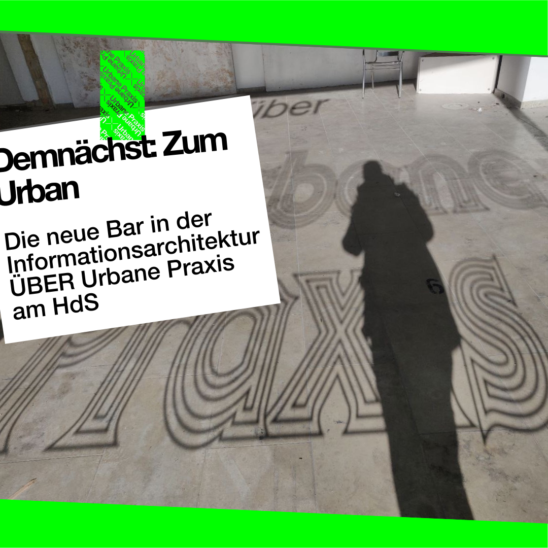 Shadows of the ÜBER Urbane Praxis window at the Haus der Statistik