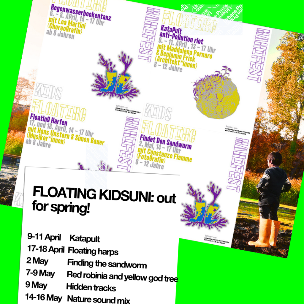 Plakat der Kidsuni bei der Floating: Das Programm, ein Kind mit Gummistiefeln in der Natur, eine Zeichnung von Gummistiefeln und eine Zeichnung von der wachsenden Planet.