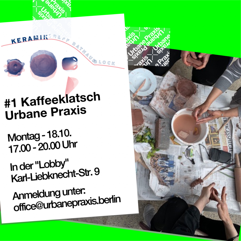 Post-it with KeramikTreff Rathausblock's logo and information about the coffee klatsch and an aerial view of a table, around which three people are making pottery