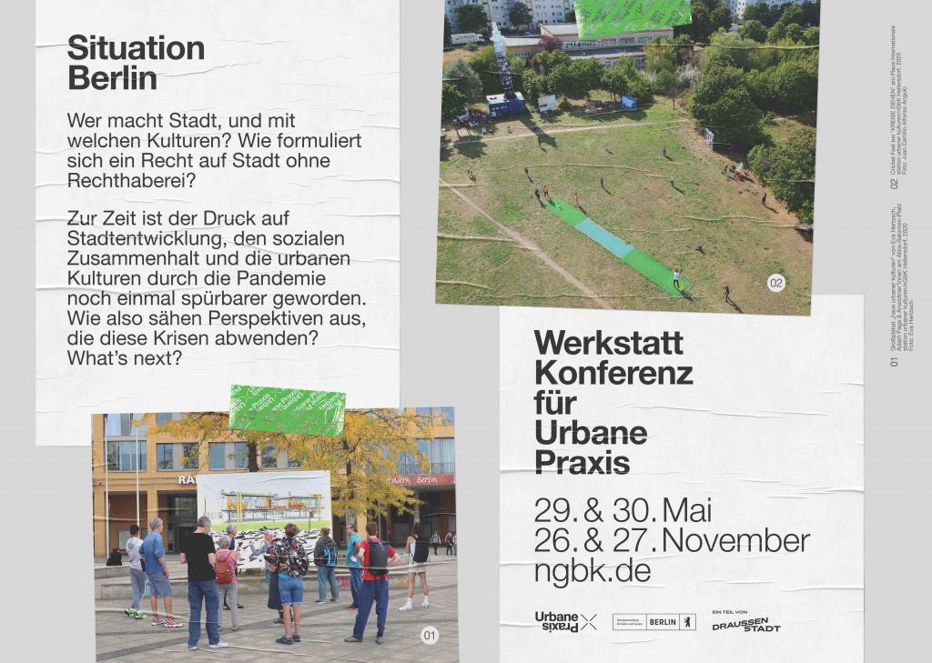 Plakat, das ein Bild vom Entwurf des Hauses der Urbanen Praxis, ein Bild von Place Internationale und Texte über die Konferenz kombiniert 