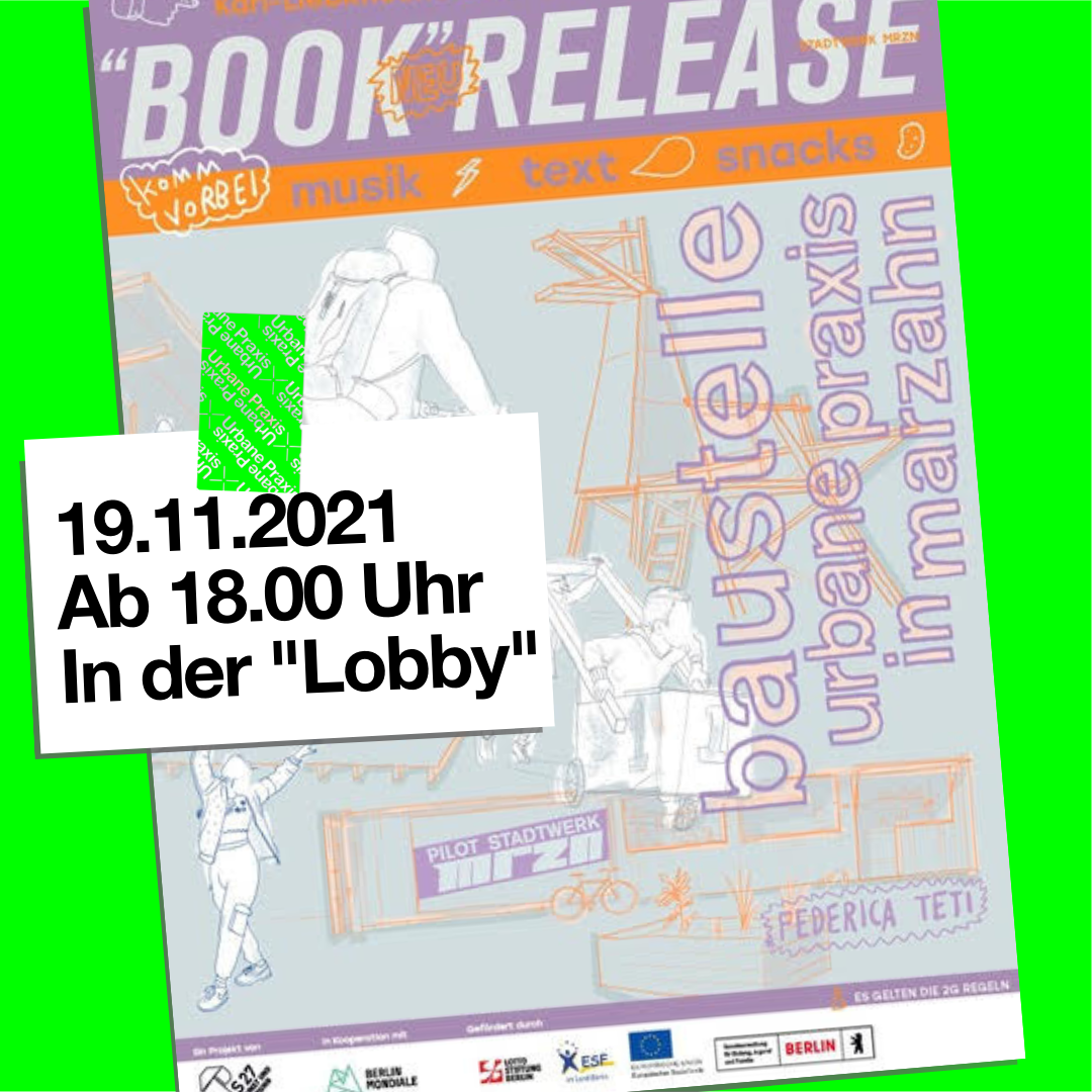 Ankündigungsplakat für das "Book" Release "Baustelle Urbane Praxis in Marzahn" mit Zeichnungen von F. Teti: eine Person fährt Fahrrad, eine Person tanzt, ein Kind benutzt ein Holzfahrzeug