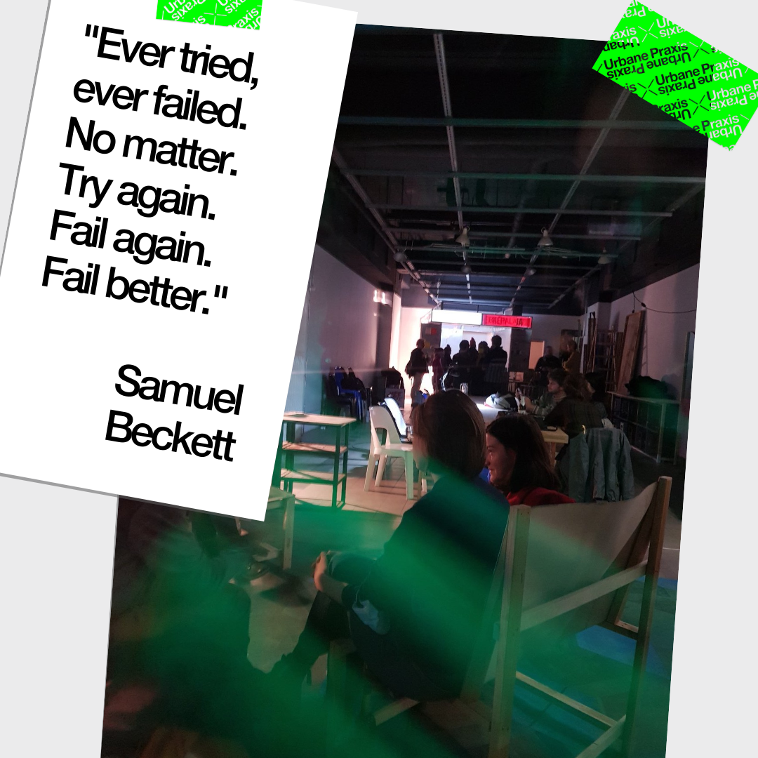 Eine Gruppe von Menschen sitzt in der CoCooN-Ecke in der "Lobby" und eine zweite Gruppe steht um den Kiosk. Ein Zitat von Samuel Beckett ist zu lesen: "Ever tried, ever failed. No matter. Try again. Fail again. Fail better."