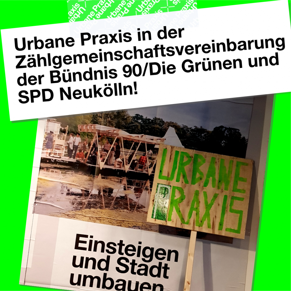 A sign with the text "Urbane Praxis" is leaning against the wall. Behind the sign you can see a poster with a picture of the Floating and the text "Get on board and transform the city".
