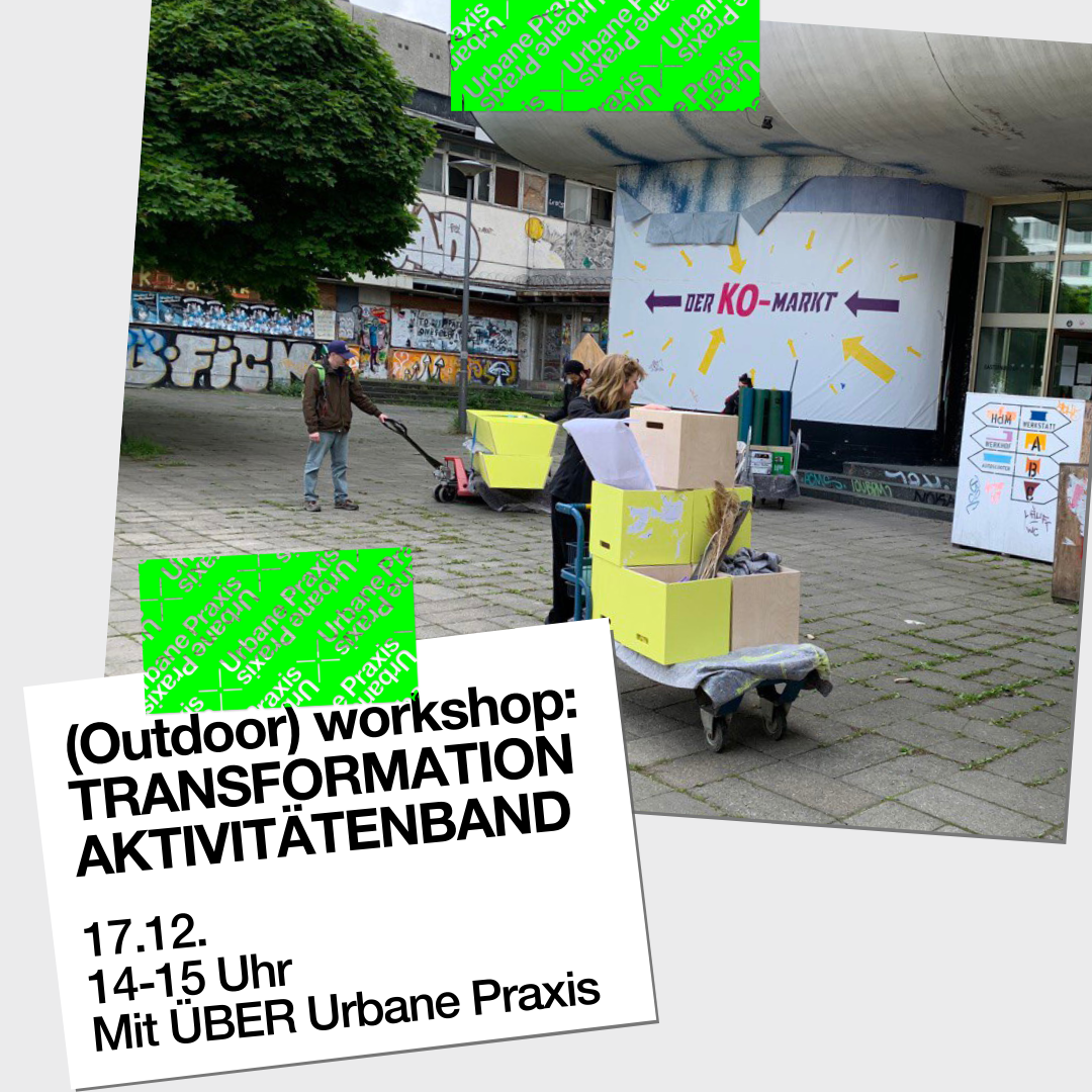 Moving the exhibition ABOUT Urban Praxis: Two people push yellow stools on the sidewalk in front of the Haus der Statistik (House of Statistics).