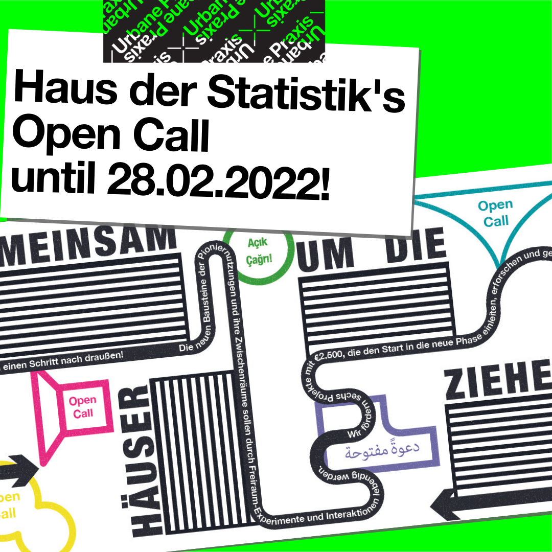 Call poster with the title (Gemeinsam um die Häuser ziehen) and the writing "Open Call" in German, English, Turkish and Arabic.