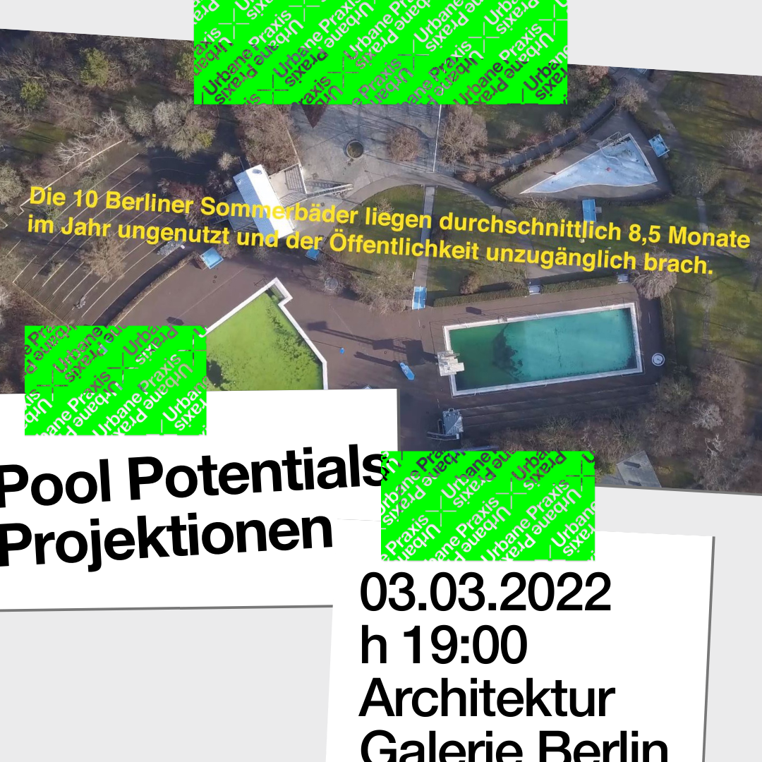A photo of a Berlin open-air pool from above and the text "The 10 Berlin open-air pools lie unused and inaccessible to the public for an average of 8.5 months a year".