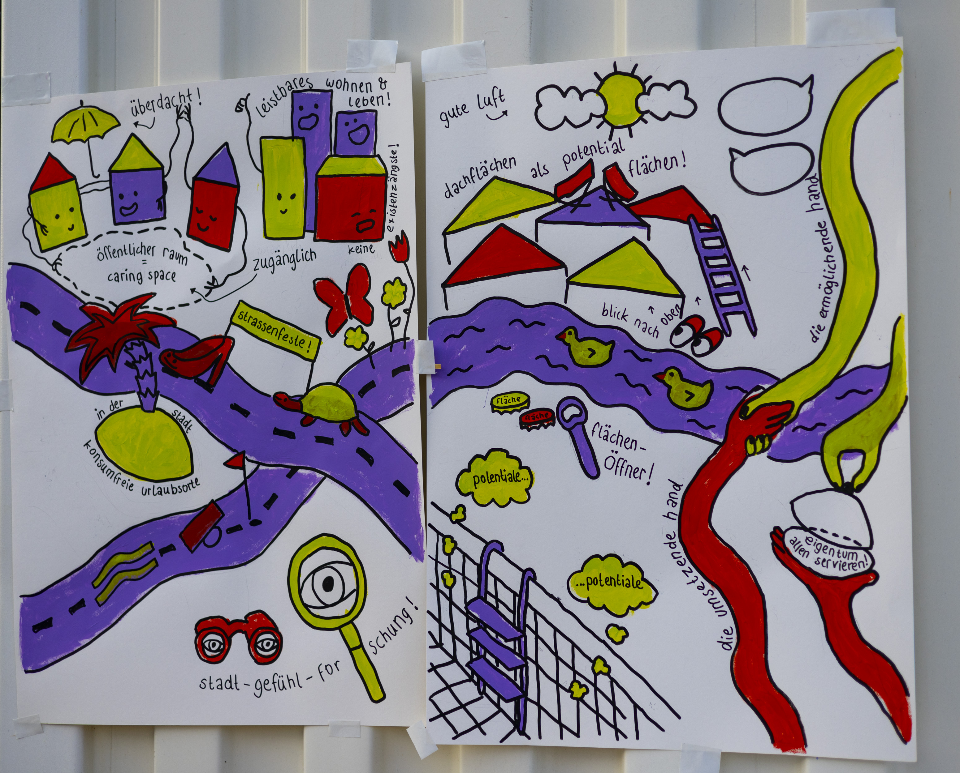 Gezeichnete Karte des urbanen Wohlergehens mit Zeichnungen von Tomma Suki. Es werden Häuser und Straßen abgebildet.